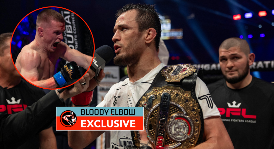 Usman Nurmagomedov and Paul Hughes, with overlay text that reads BLOODY ELBOW EXCLUSIVE