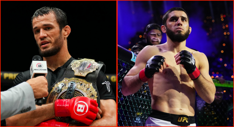 Side by side of Usman Nurmagomedov at Bellator Champions Series: San Diego and Islam Makhachev at UFC 311