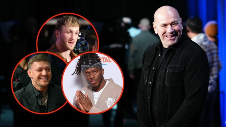 Dana White with three insets of Conor McGregor/Logan Paul/KSI