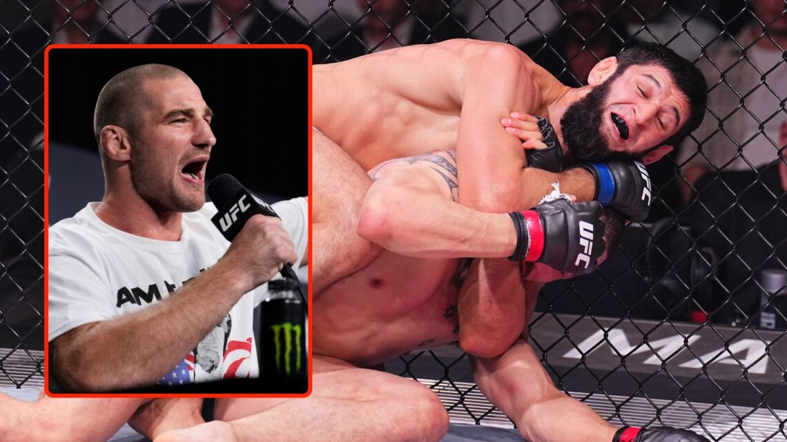Khamzat Chimaev of Russia secures a submission against \rw in a middleweight fight during the UFC 308 event at Etihad Arena on October 26, 2024 in ...