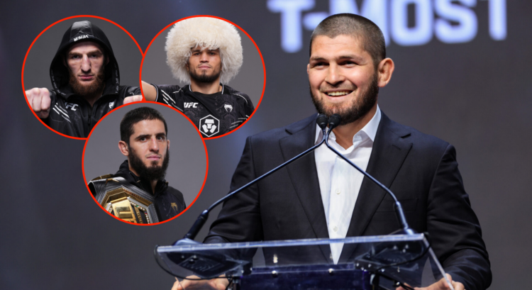 Pop out image of UFC fighter portraits for Tagir Ulanbekov, Islam Makhachev, Umar Nurmagomedov and Khabib Nurmagomedov at the 2022 UFC Hall of Fame...