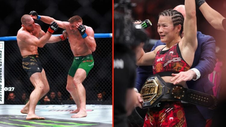 Dricus du Plessis and Sean Strickland from their fight at UFC 297 on one side and Zhang Weili on the other side with her strawweight title