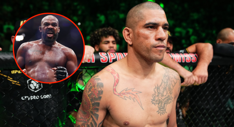 Image of Alex Pereira staring down Khalil Rountree Jr. at UFC 307, inset Jon Jones after finishing Stipe Miocic at UFC 309.