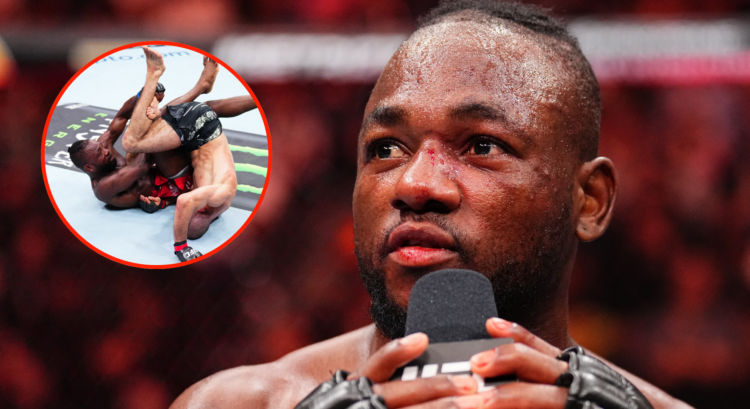 Image of Manel Kape during his UFC Tampa post-fight interview, inset Kape and Muhammad Mokaev grappling at UFC 304.
