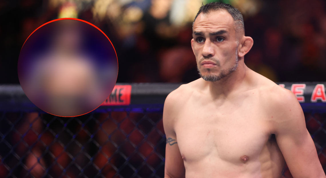 Image of Tony Ferguson in the cage at UFC 296, inset Dillon Danis in the ring against Logan Paul.