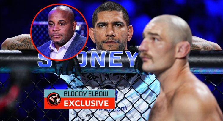 Alex Pereira in the corner of Sean Strickland, with a bubble showing Daniel Cormier and overlay text that reads: BLOODY ELBOW EXCLUSIVE