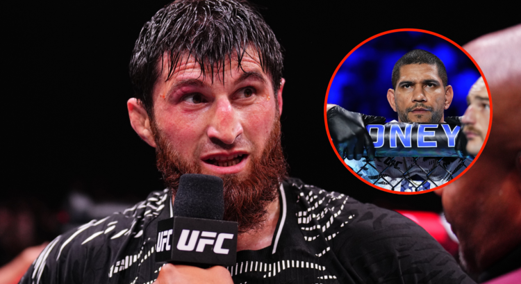 Magomed Ankalaev reacts following his win over Aleksandar Rakic at UFC 308. Inset of Alex Pereira in the corner of Sean Strickland at UFC 312.