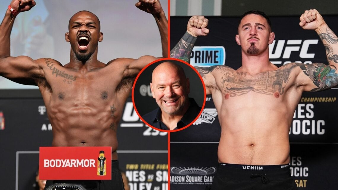 Split image of Jon Jones and Tom Aspinall. Inset, Dana White.