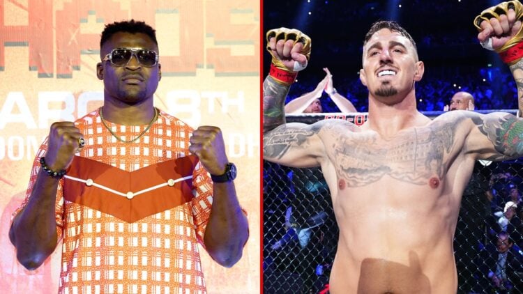 Split image of Tom Aspinall and Francis Ngannou (R-L)