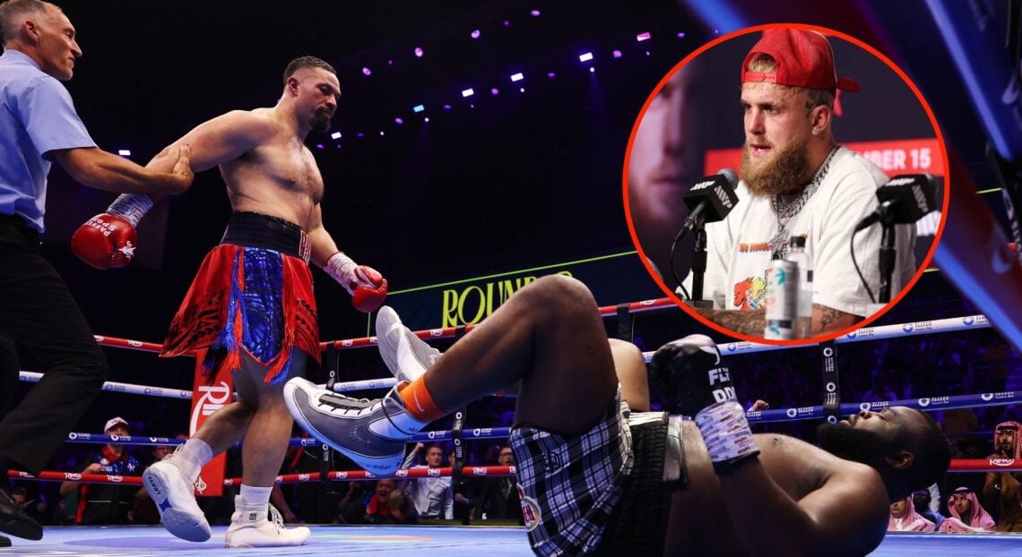 Image of Joseph Parker after knocking down Martin Bakole. Inset of Jake Paul during a press conference.