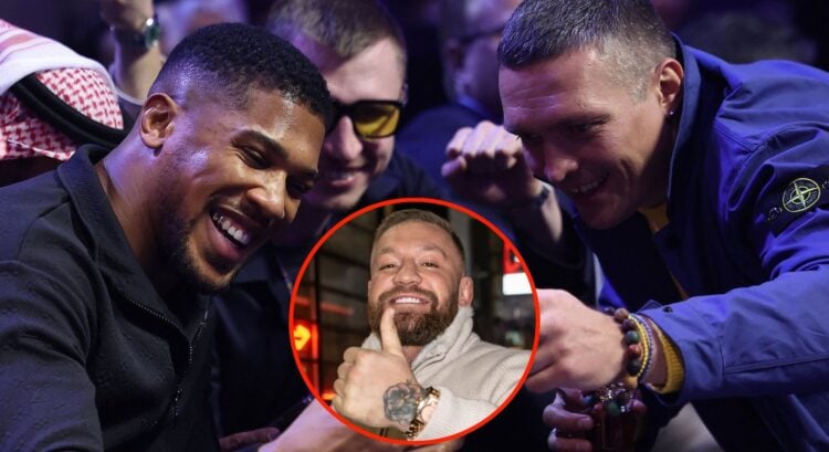 Image of Anthony Joshua and Oleksandr Usyk. Inset, Conor McGregor