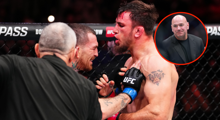 Austin Vanderford pushes Nikolay Veretennikov with a bubble showing Dana White