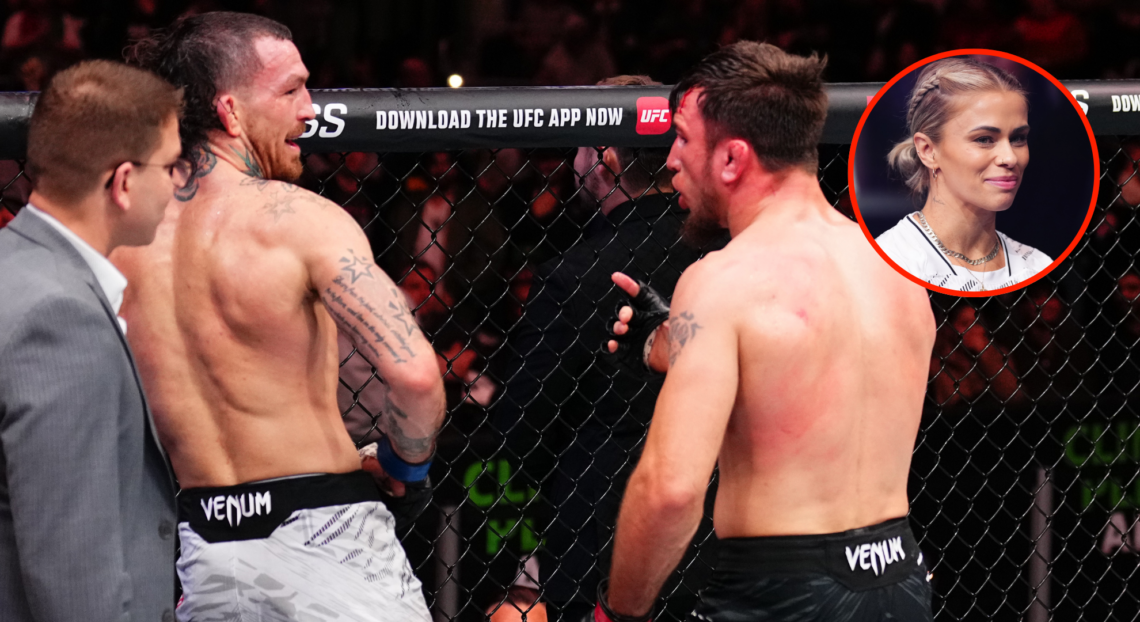 Austin Vanderford being approached by Nikolay Veretennikov after their UFC Seattle fight, with bubble showing Paige VanZant in the corner