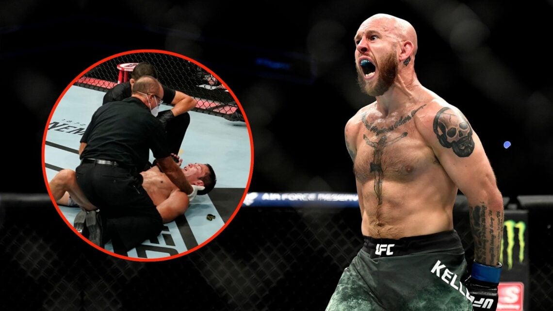 Brian Kelleher of the United States celebrates after defeating Hunter Azure of the United States in their Men's Bantamweight bout. Inset, Hunter Az...