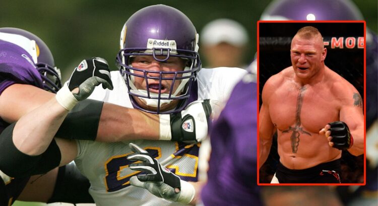 Pop out image of Brock Lesnar playing for the Minnesota Vikings and in the UFC.