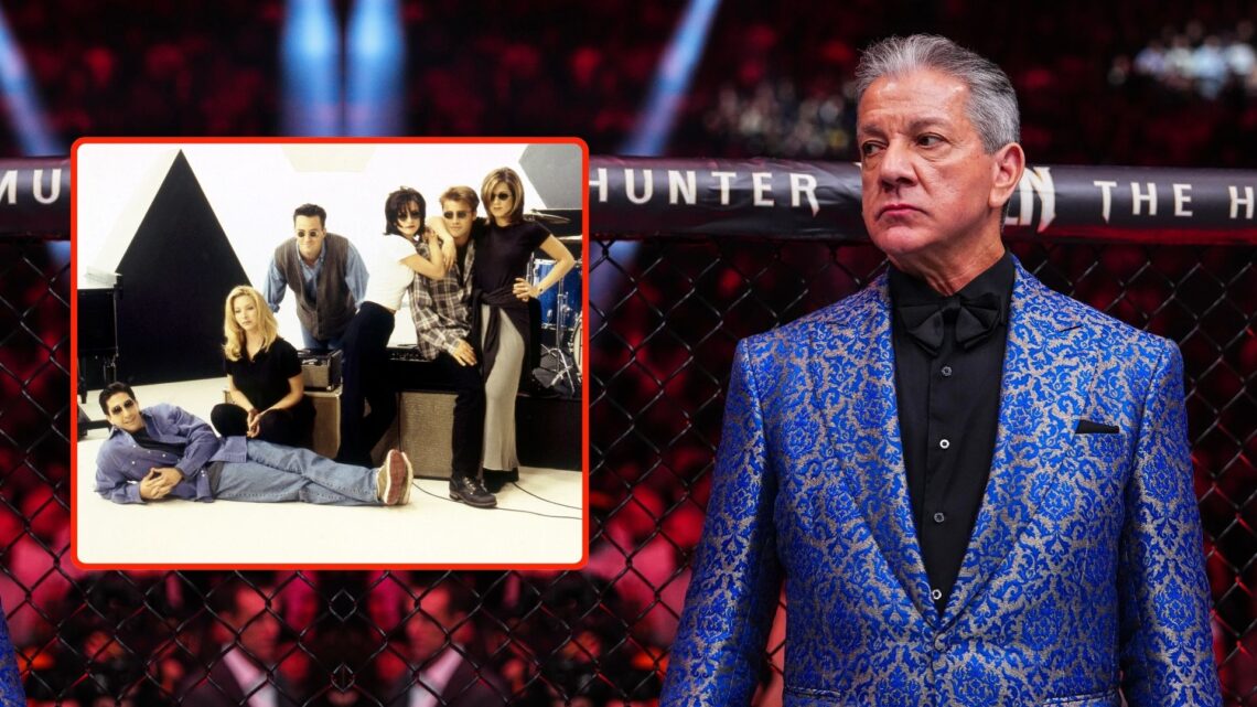 Bruce Buffer, UFC announcer, looks on. Inset, a promotional image for the sitcom Friends.