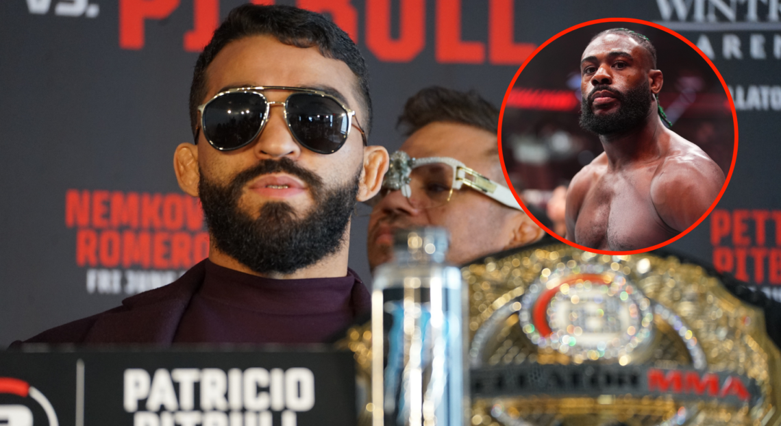 Image of Patricio Pitbull at Bellator 297 press conference, inset Aljamain Sterling