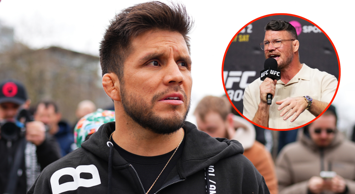 Image of Henry Cejudo during UFC Fight Night photo opportunity in Seattle, Washington. Inset of Michael Bisping at UFC 304 ceremonial weigh-ins.
