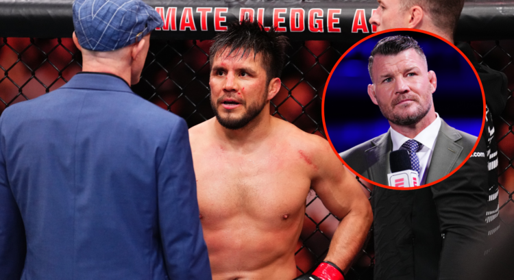 Henry Cejudo reacts after suffering an eye poke from Song Yadong during UFC Seattle main event. Inset of Michael Bisping during the UFC Fight Night...