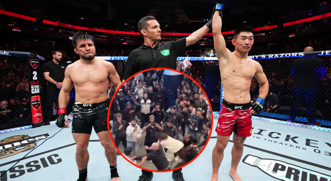 Image of Henry Cejudo and Song Yadong after UFC Seattle, inset fans brawling at Climate Pledge Arena