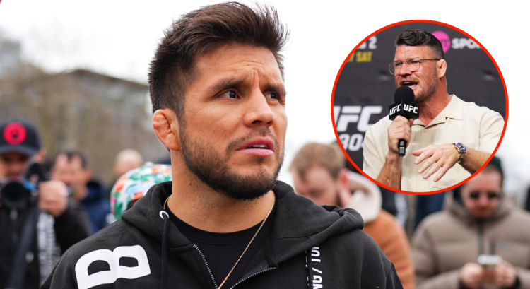 Image of Henry Cejudo during UFC Fight Night photo opportunity in Seattle, Washington. Inset of Michael Bisping at UFC 304 ceremonial weigh-ins.