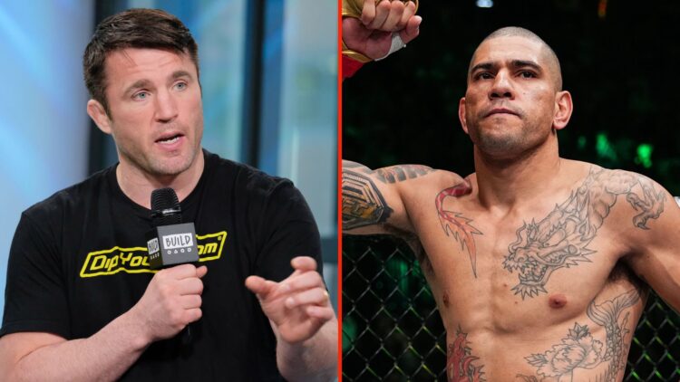 Split image of Chael Sonnen discussing MMA, and Alex Pereira reacting prior to the UFC light heavyweight championship fight.