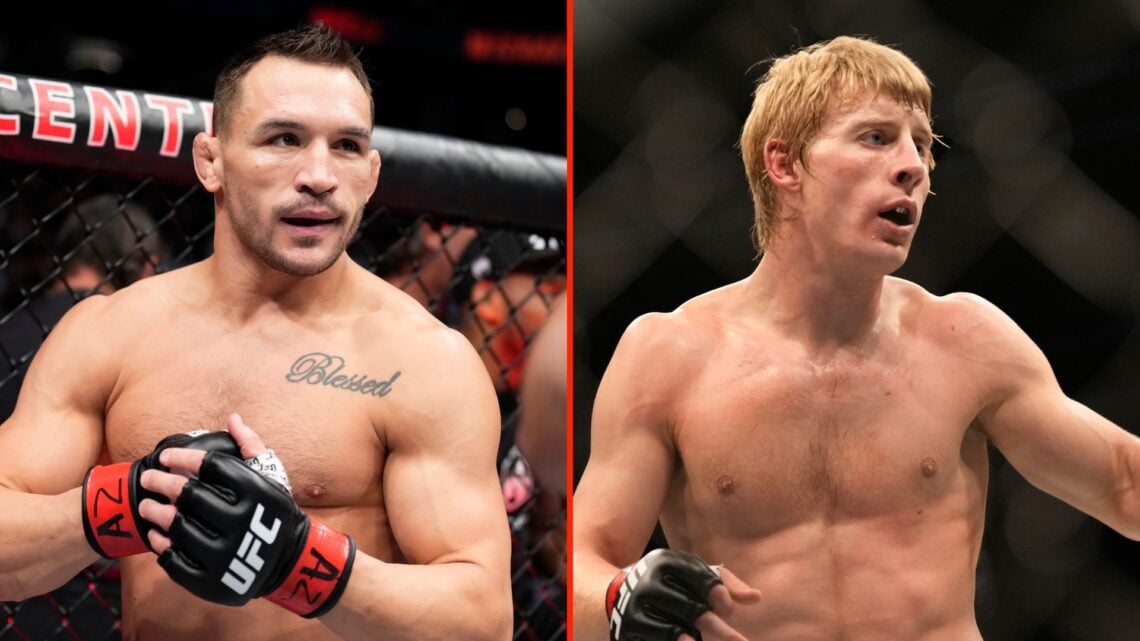 Split image as Michael Chandler prepares to fight Tony Ferguson in a lightweight fight during the UFC 274 event, and Paddy Pimblett battles Jared G...