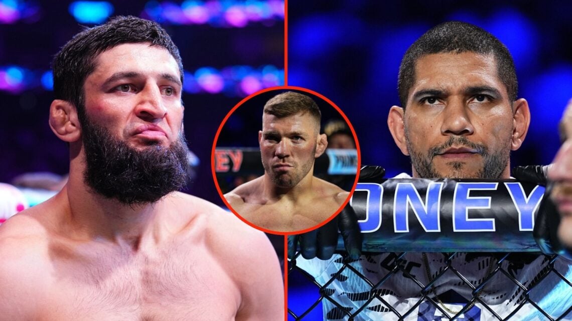 Split image of Khamzat Chimaev and Alex Pereira. Inset, Dricus Du Plessis.