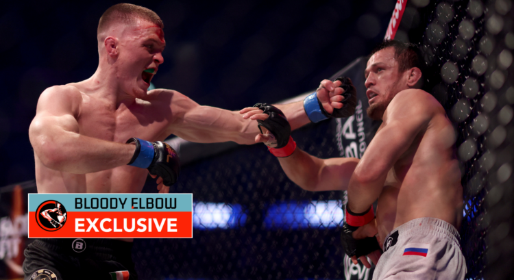 Paul Hughes and Usman Nurmagomedov during their PFL fight with overlay text that reads BLOODY ELBOW EXCLUSIVE