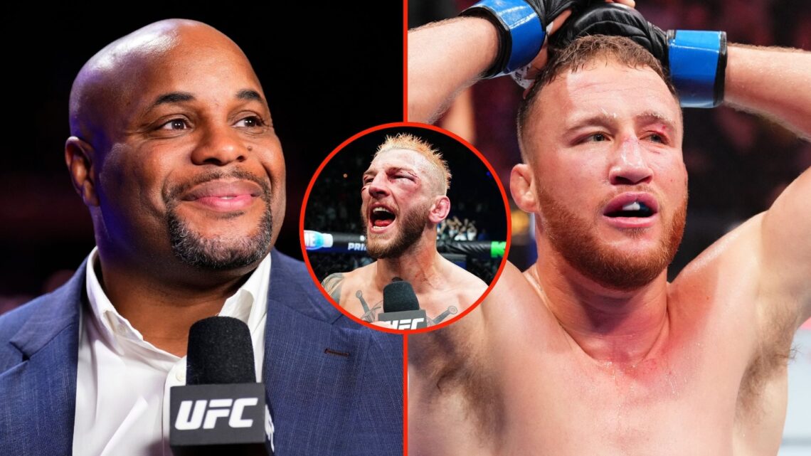 Split image of Daniel Cormier anchoring a broadcast, and Justin Gaethje celebrating a KO victory. Inset, Dan Hooker