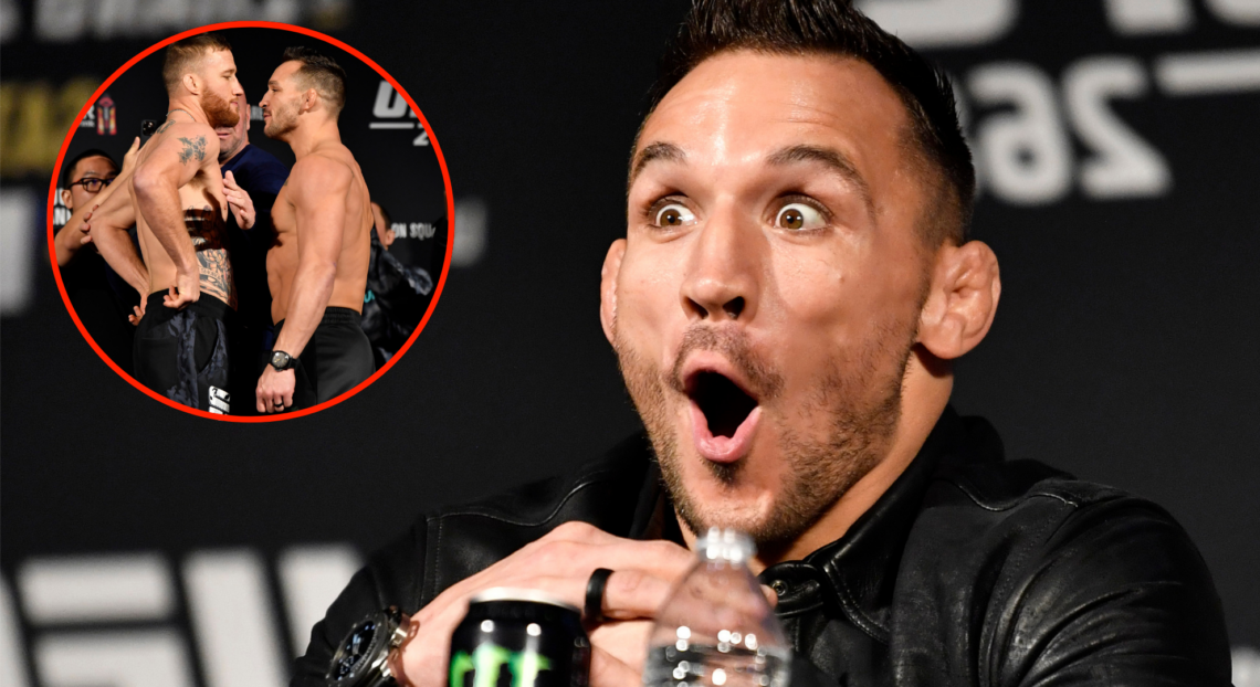 Image of Michael Chandler during the UFC 268 pre-fight press conference, inset Chandler and Justin Gaethje during UFC 268 ceremonial weigh-in.