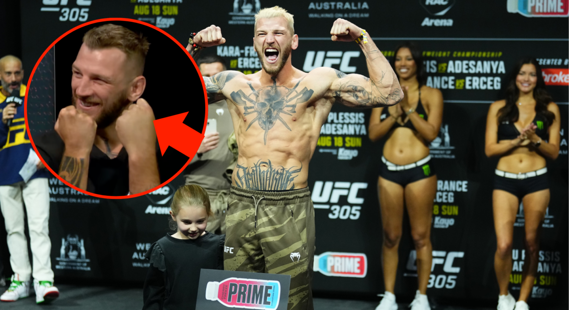 Dan Hooker at a weigh in for UFC 305, with bubble and arrow showing his injury ahead of UFC 313