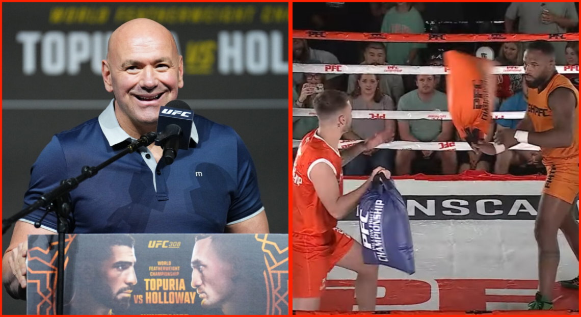 Side by side image of UFC CEO Dana White and a fight in the Pillow Fighting Championship.