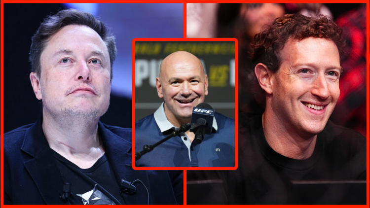 Elon Musk (left) and Mark Zuckerberg (right), inset. Dana White (center)