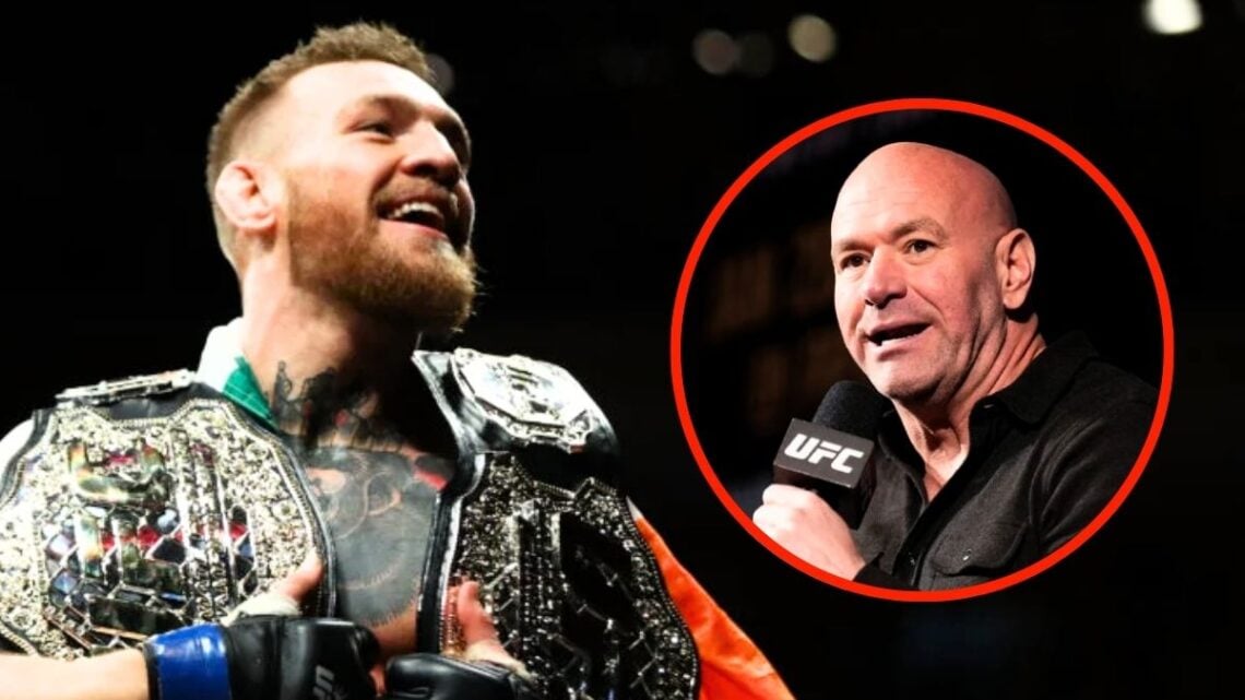 Conor McGregor with his lightweight and featherweight belts. Inset image: Dana White talking.