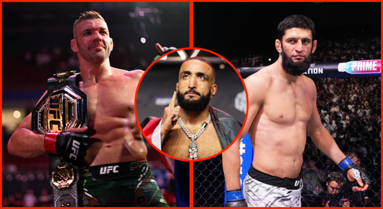 Composite image showing Dricus Du Plessis and Khamzat Chimaev with Belal Muhammad in a bubble in the middle