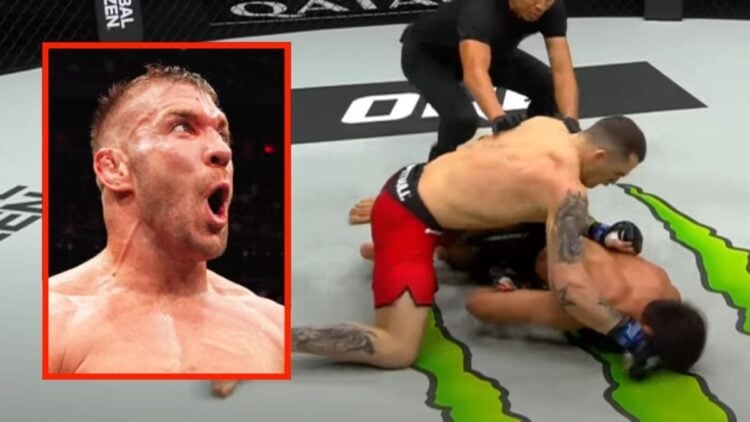 Roberto Soldic knocks out Dagi Arslanaliev at ONE Qatar. Inset. Dricus Du Plessis with an astonished face.
