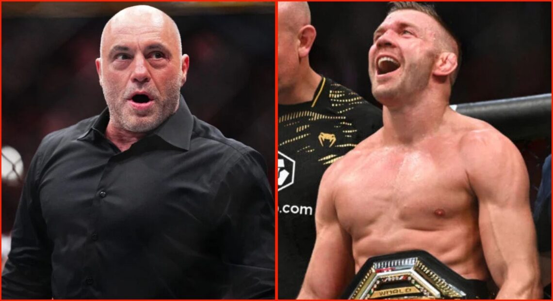 Split image. Joe Rogan looks shocked alongisde shot of Dricus du Plessis celebrating his UFC 312 win