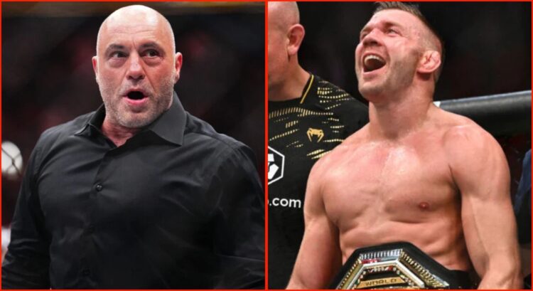 Split image. Joe Rogan looks shocked alongisde shot of Dricus du Plessis celebrating his UFC 312 win
