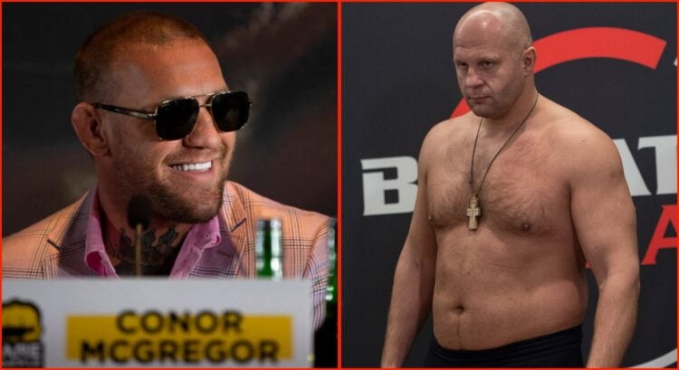 Conor McGregor at a BKFC press and Fedor Emelianenko weighing in for a Bellator fight