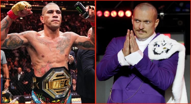 Split image of Alex Pereira poses with his UFC belt and Oleksandr Uysk before his rematch with Tyson Fury