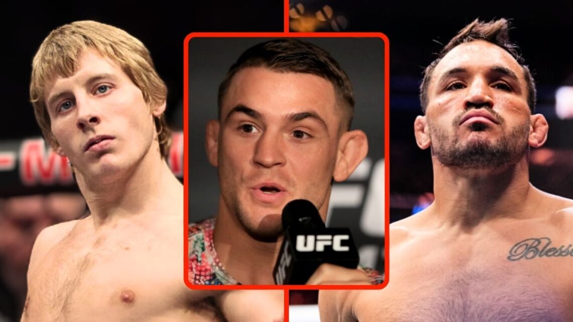 Split image: Paddy Pimblett on the left, Michael Chandler on the right. Inset image of Dustin Poirier in the middle.