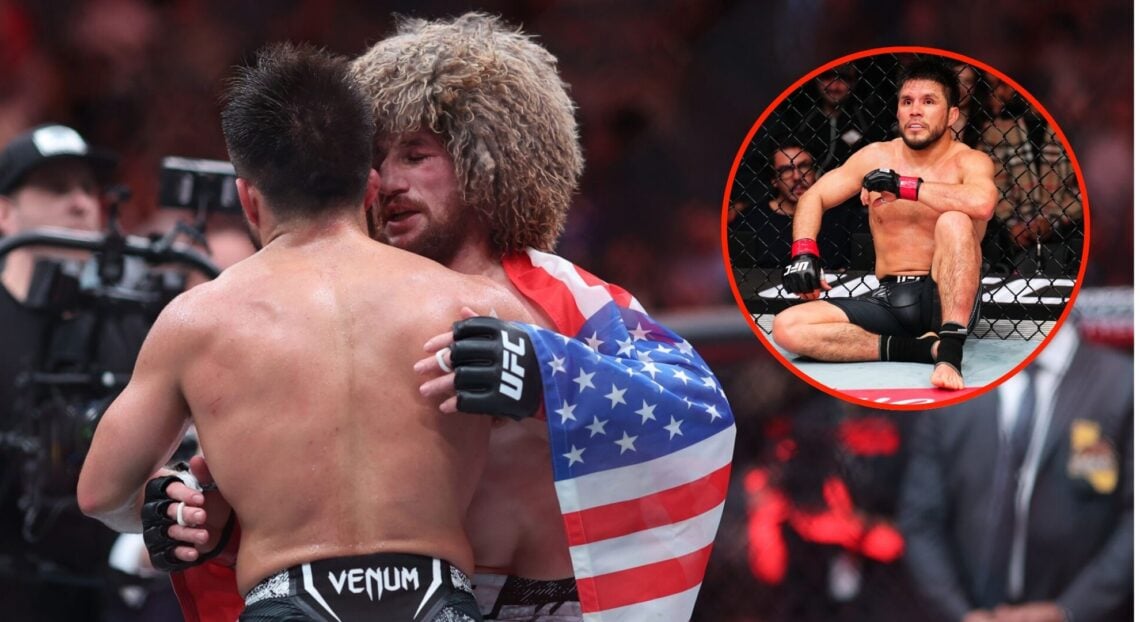 Pop out of Merab Dvalishvili embracing Henry Cejudo, and Henry Cejudo at UFC Seattle.