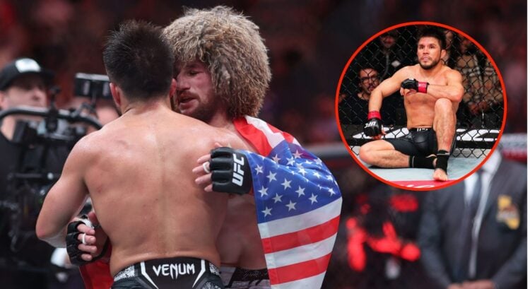 Pop out of Merab Dvalishvili embracing Henry Cejudo, and Henry Cejudo at UFC Seattle.