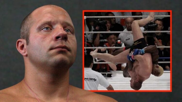 Fedor Emelianenko, inset. Emelianenko mid-suplex against Kevin Randleman