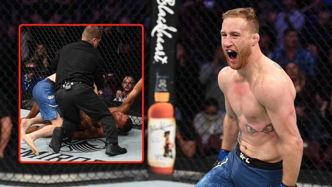 Justin Gaethje. Inset, a referee stops Gaethje after he knocks out Edson Barboza.
