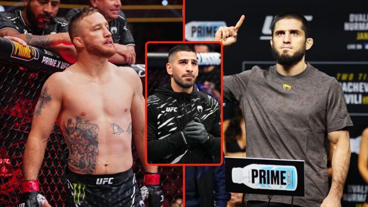 Split image of Justin Gaethje preparing to fight in a lightweight fight, and Islam Makhachev of Russia posing on the scale. Inset, Ilia Topuria.