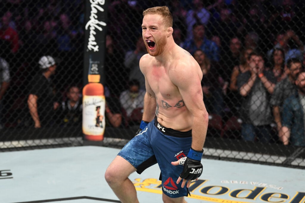 Justin Gaethje celebrates knocking out Edson Barboza