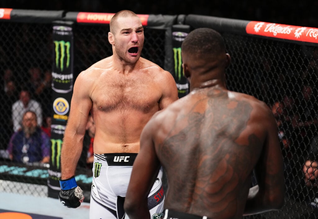 Sean Strickland yells at Israel Adesanya in the final seconds of their fight at UFC 293