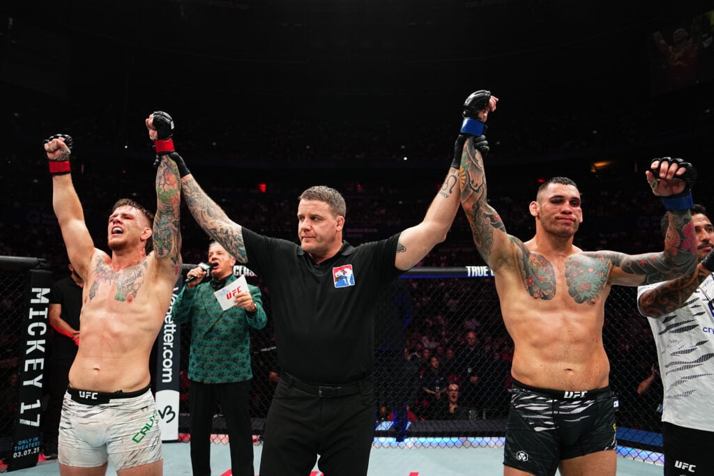 Jimmy Crute and Rodolfo Bellato both get their hands raised following a draw at UFC 312
